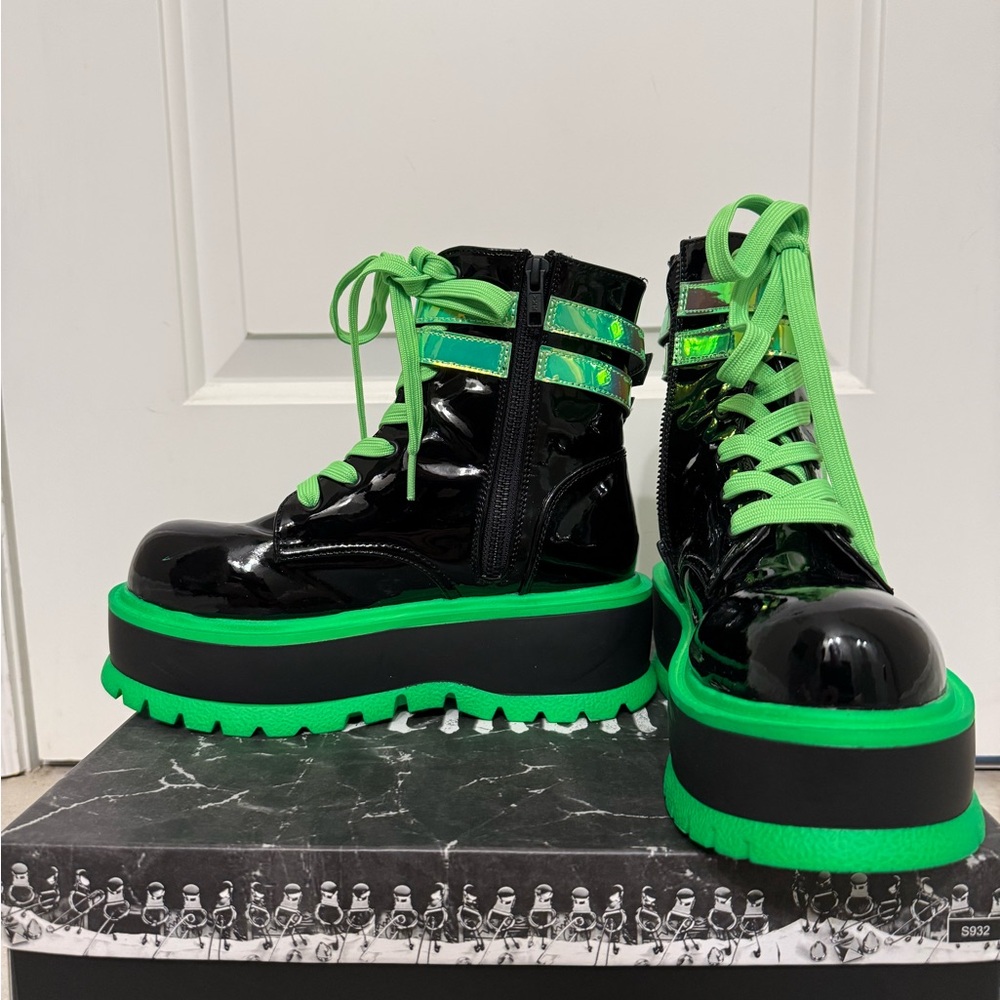 Demonia Iridescent Green and Black Platform Boots - Picture 5 of 7